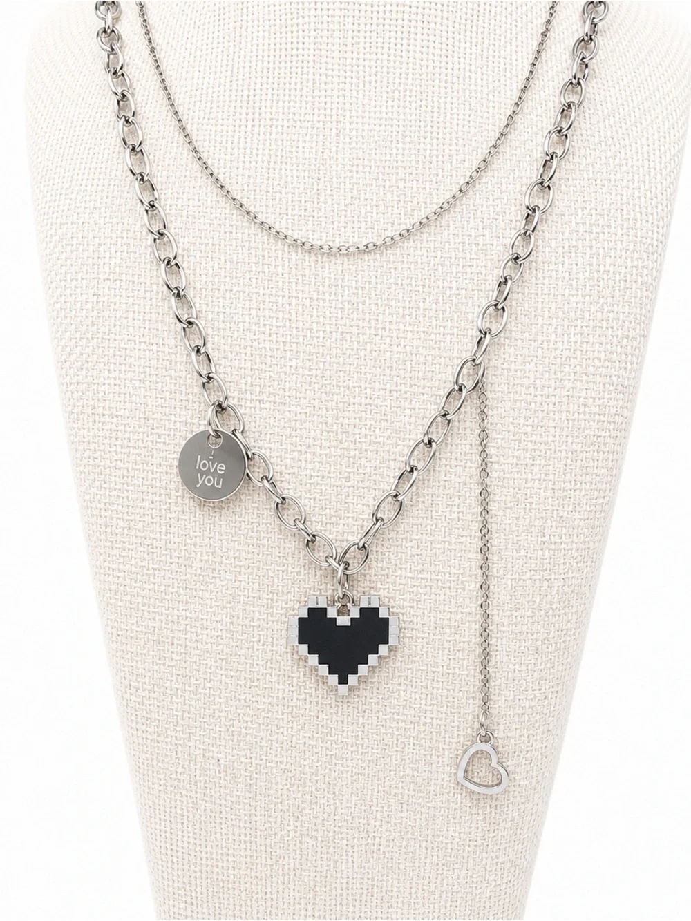 Layered Pixel Heart Necklace Love You Charm Silver Tone Minimalist Y2K Gift